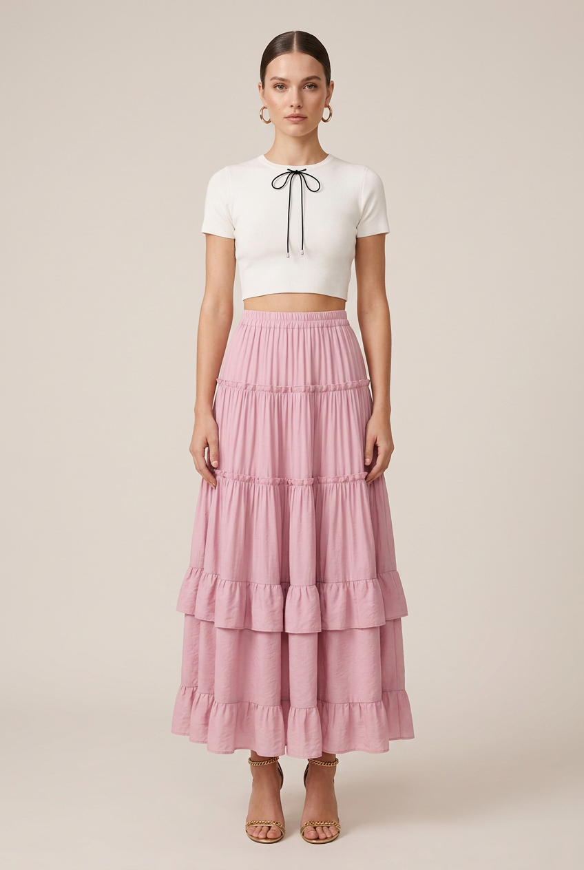 Women's Ruffled Tiered Maxi Skirt – Soft Acrylic Polyester Blend, Micro-Stretch Waist, Cake Hem Silhouette