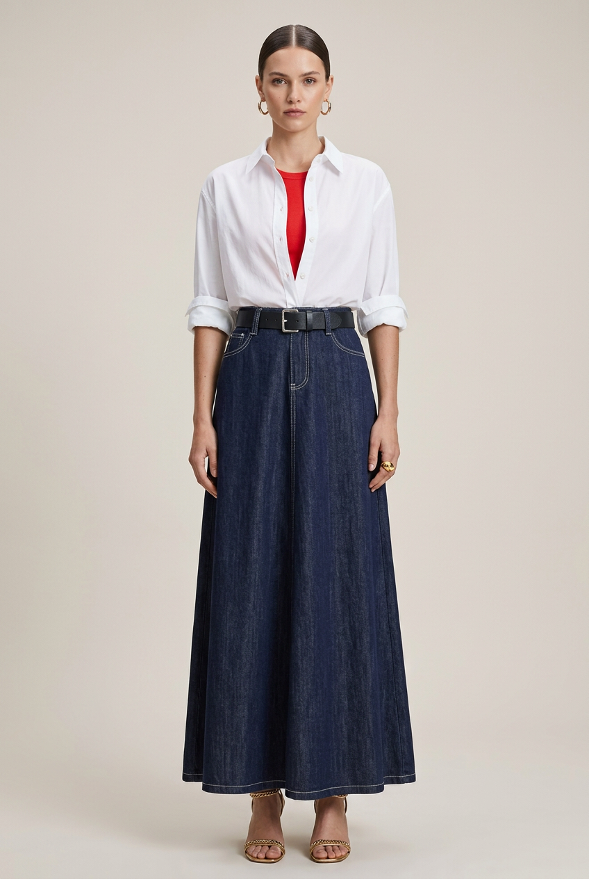 Women's High-Waist Denim Midi Skirt – Tencel Lyocell Cotton Blend, Washed Finish, A-Line Silhouette