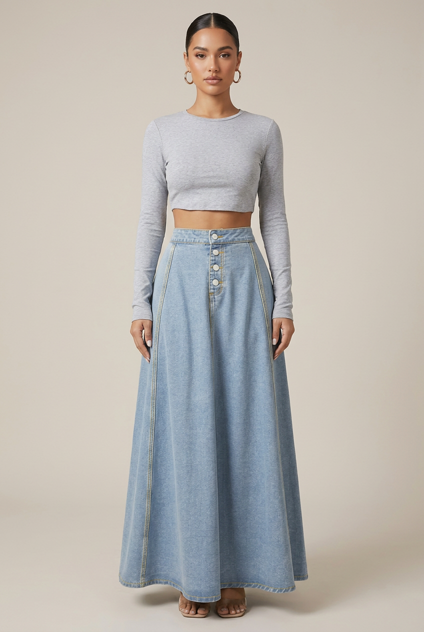 Women's High-Waist Denim Maxi Skirt – Button-Front A-Line Silhouette, Zipper Detail, Solid Wash Finish