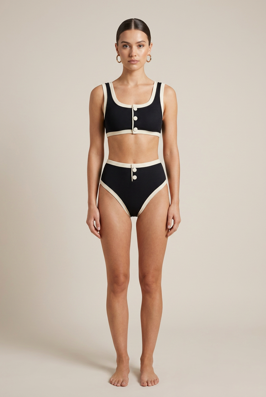 Women's Two-Piece Swimsuit – Nylon Spandex Blend, Quick-Dry, Button Detail, High-Stretch Sleeveless Bikini Set