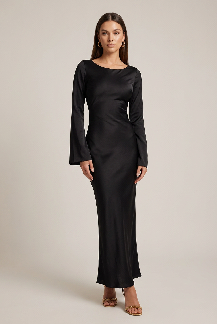 Women's Satin Maxi Bodycon Dress – Round Neck Flare Sleeve Lace-Up Waist