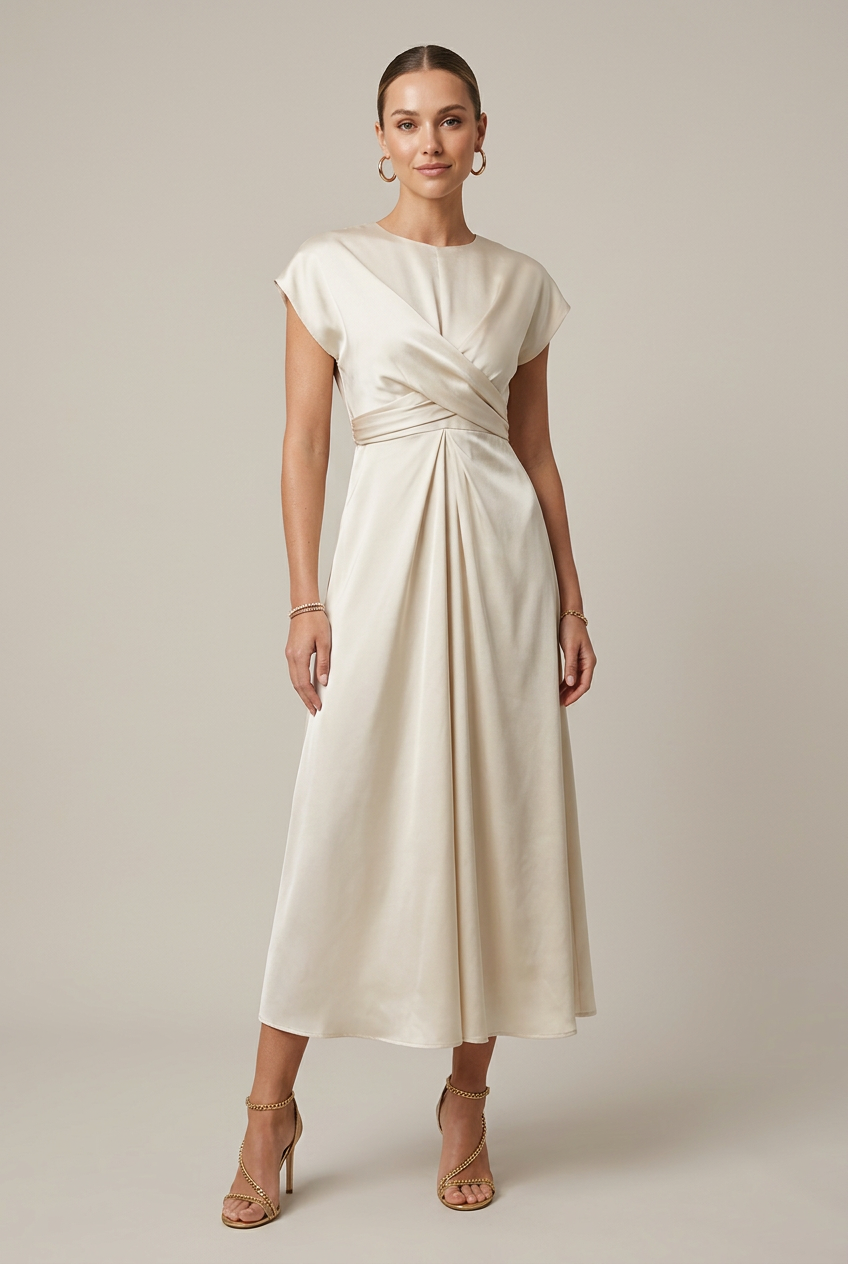 Women's Satin One-Shoulder Midi Dress – Round Neck High Waist Lace-Up Cocktail Dress