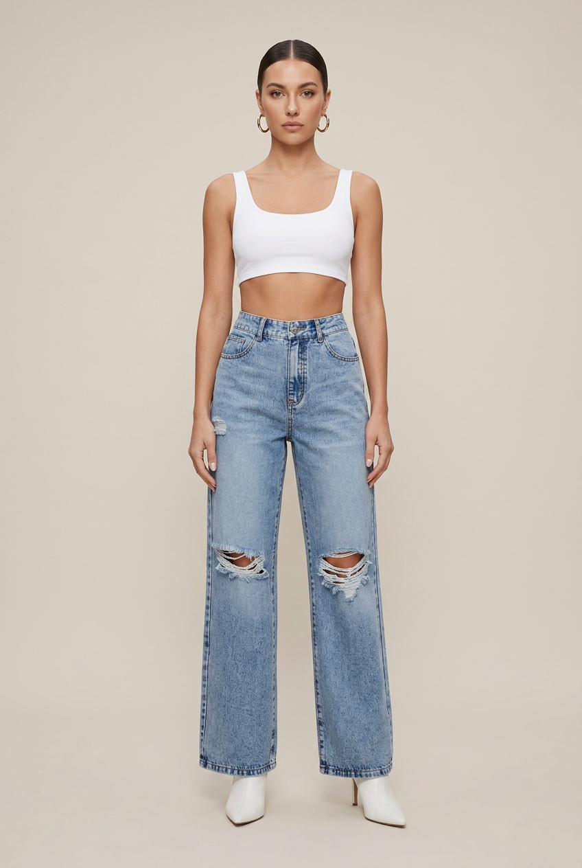 Women's High Waist Distressed Wide-Leg Jeans – Ripped Cotton Blend Straight Denim Trousers