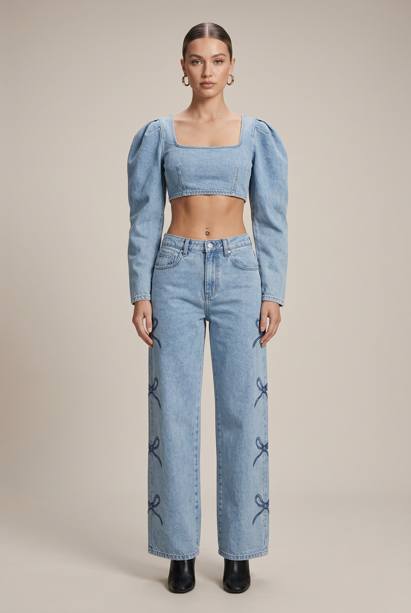 Women's Y2K High Waist Bow Detail Wide-Leg Jeans – Washed Cotton Blend Straight Denim Trousers