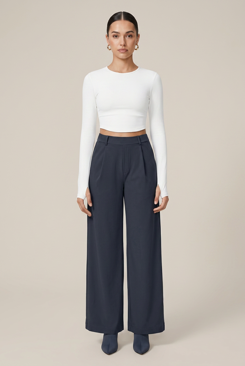 Women's High-Waist Straight-Leg Trousers – Stretch Viscose Slim-Fit Pants with Pockets