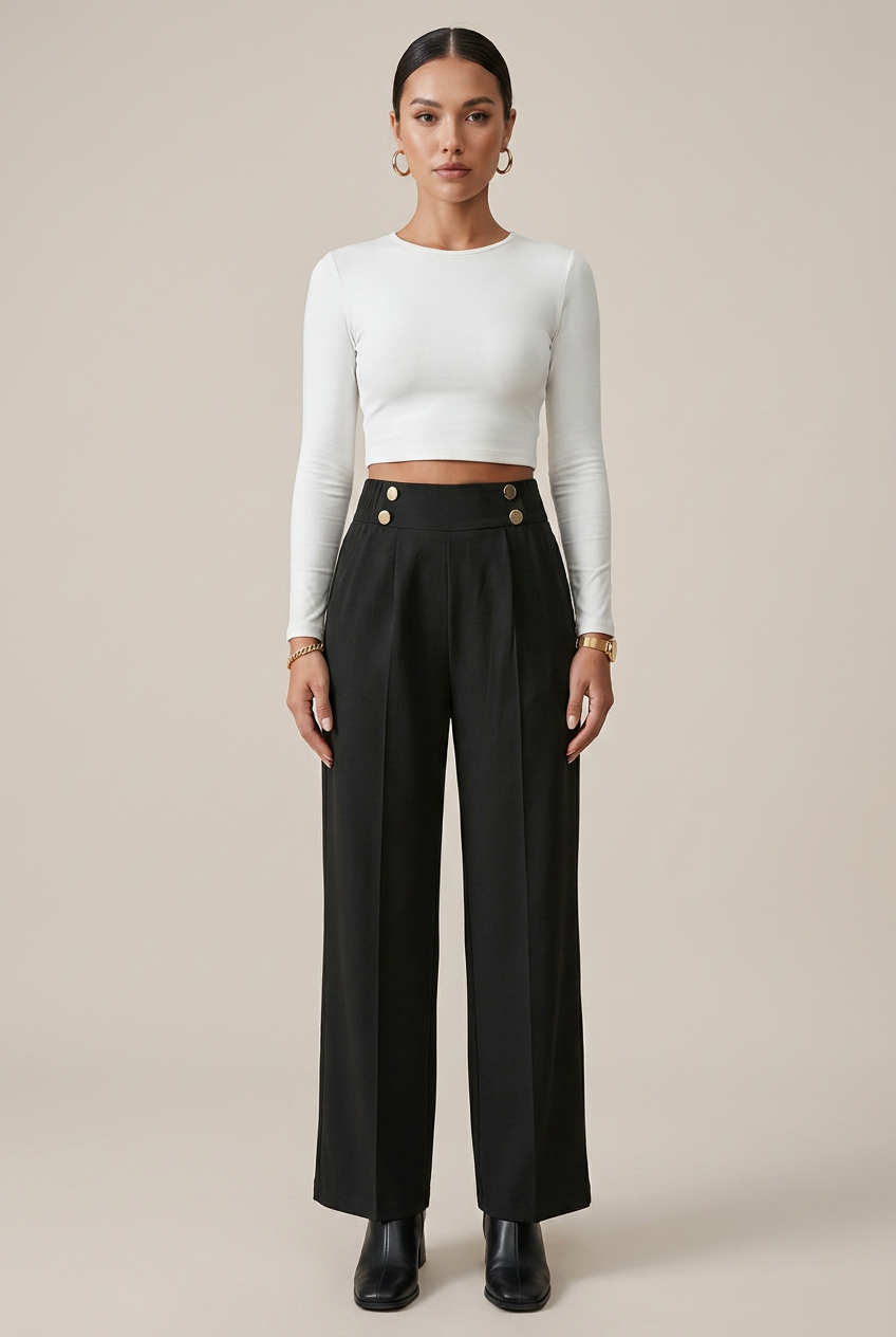 Women's High Waist Straight Leg Trousers – Stretch Slim Fit Casual Work Pants with Pockets