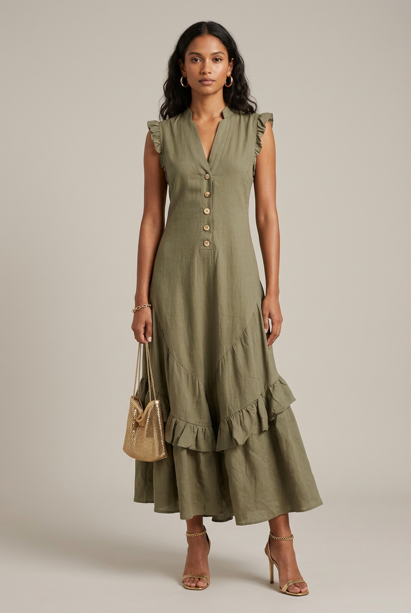 Women's Sleeveless V-Neck Midi Dress – Cotton Linen Blend with Pleated Irregular Hem