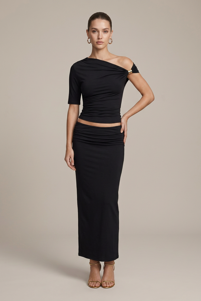 Women's Off-Shoulder Top - Metal Buckle Slanted Collar Slim Fit Short Sleeve Shirt