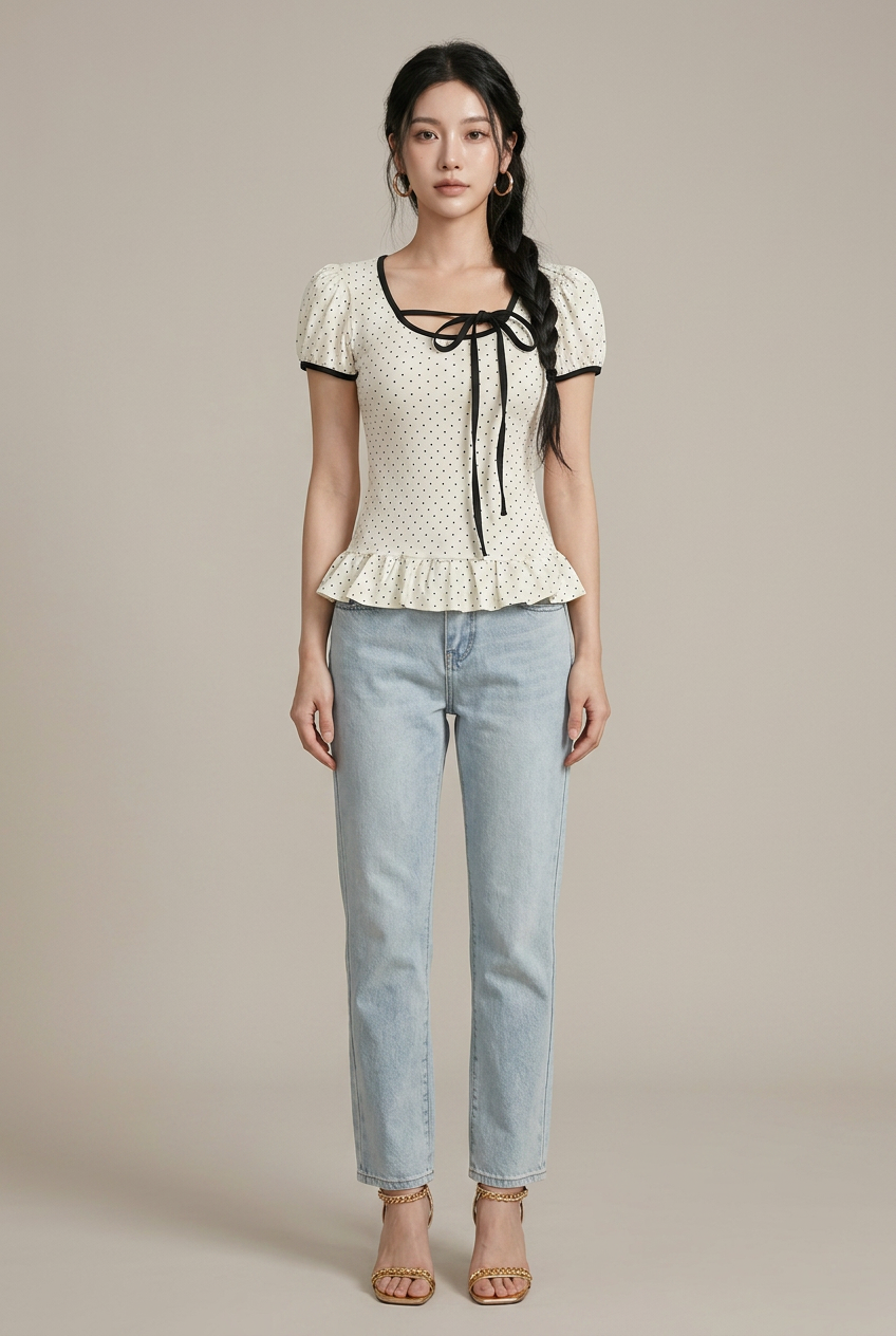 Women's Polka Dot Puff Sleeve Top - Ruffled Hem Bow Tie Slim Fit Blouse