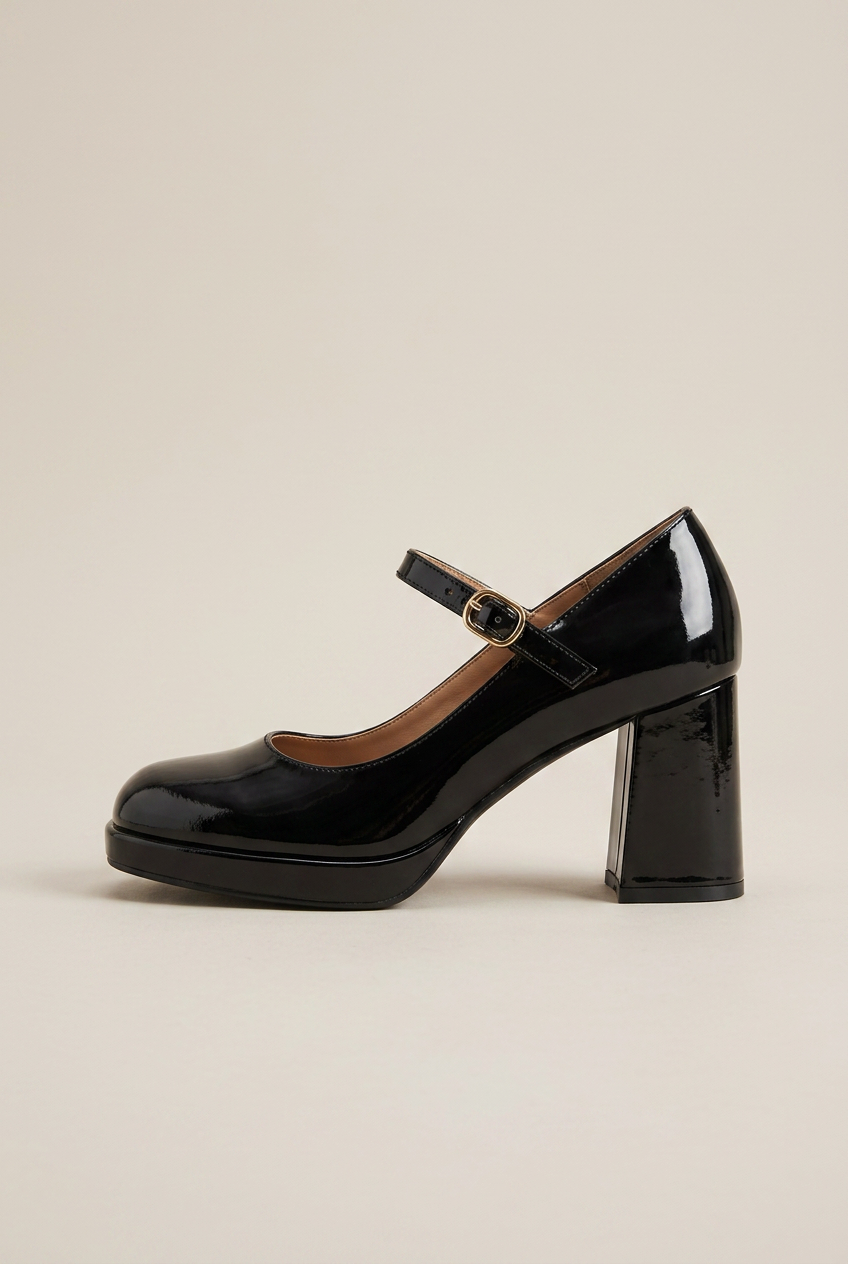 Crescent | Women's Patent Mary Jane Platform Heels Block-Heel Buckle-Strap Rounded-Toe Dress Shoes