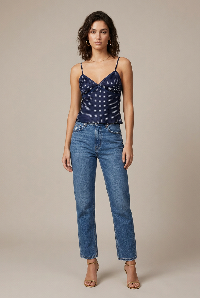 Women's Lace Camisole Top - V-Neck Double-Strap with Bow & Polka Dot Detail