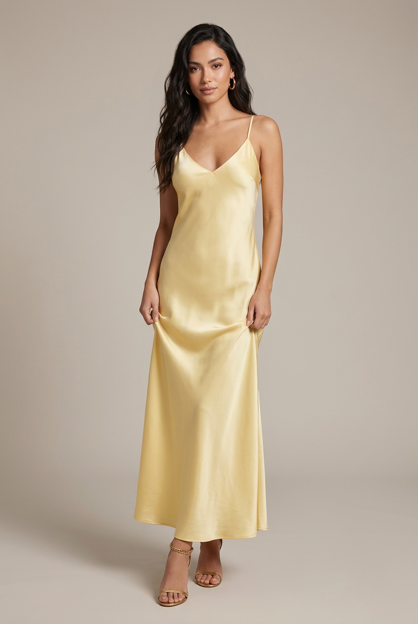 Women's Satin Open-Back Midi Dress – Adjustable Strap Sleeveless High Waist Swing