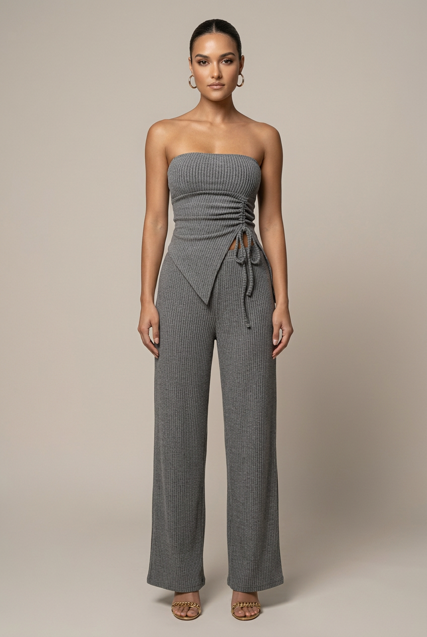 Women's Wrap Chest Sleeveless Two-Piece Set – Drawstring Wide-Leg Pants & Split Top Elegant Suit