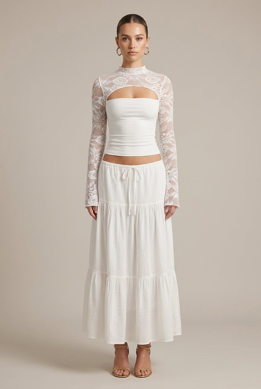 Women's Slim Fit Cropped Top - Bell Sleeve Lace Cut-Out Round Neck Blouse