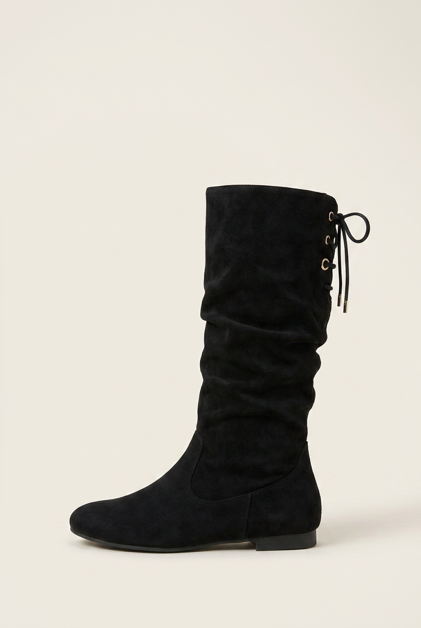 Women's Mid-Calf Knight Boots – Chunky Heel Pleated Suede Round Toe Rear Lace-Up Luna Body Co