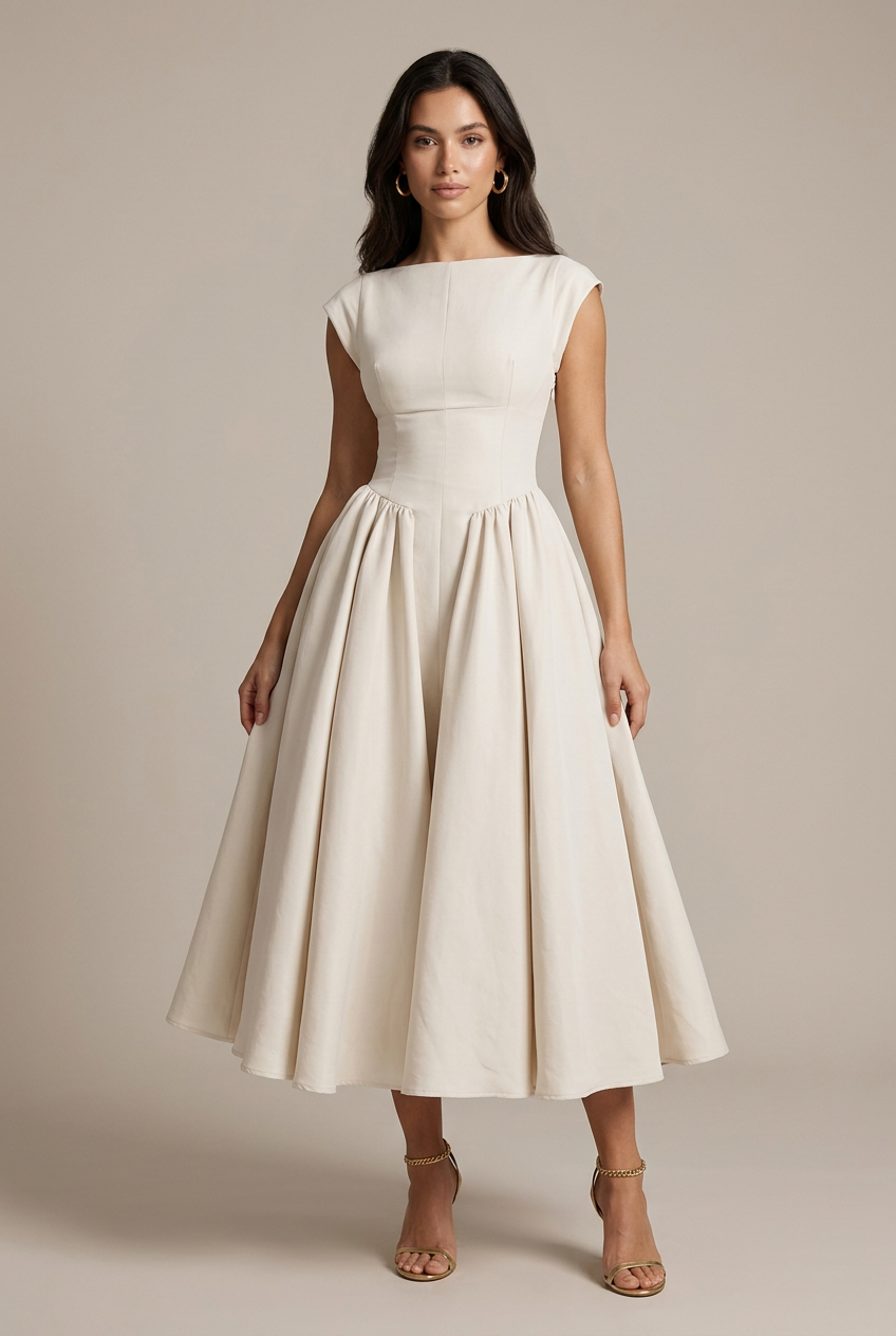 Women's Classic Open-Back Midi Dress – A-Line Waist-Cinching Sleeveless