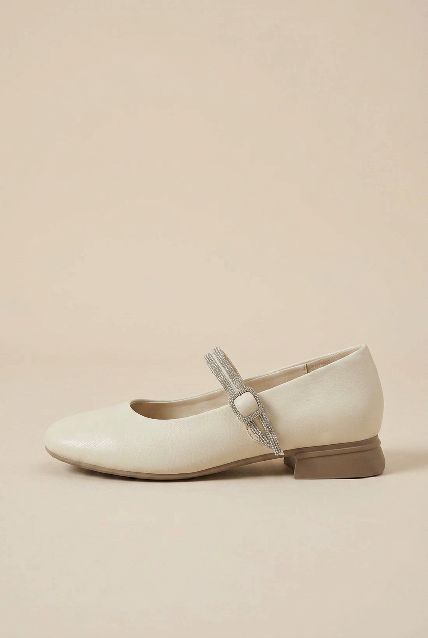 Women's Sheepskin Mary Jane Shoes – Rhinestone Accent, Square Toe, Low Block Heel Luna Body Co