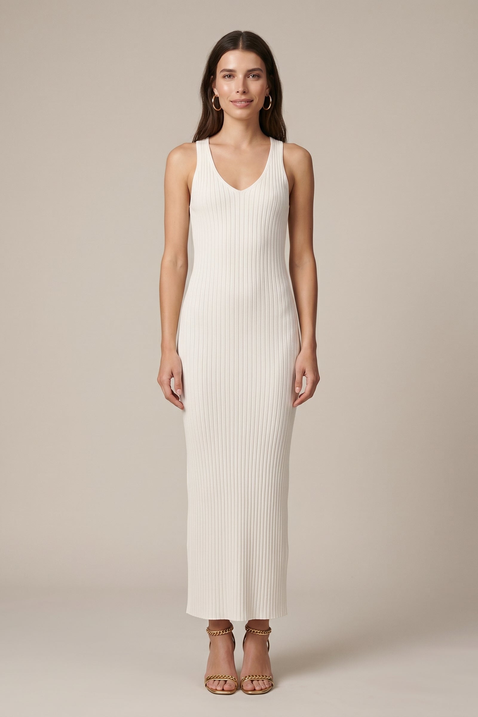 Women's Slim Fit Maxi Cami Dress – V-Neck Sleeveless Knit Bodycon with Mid-Waist Silhouette