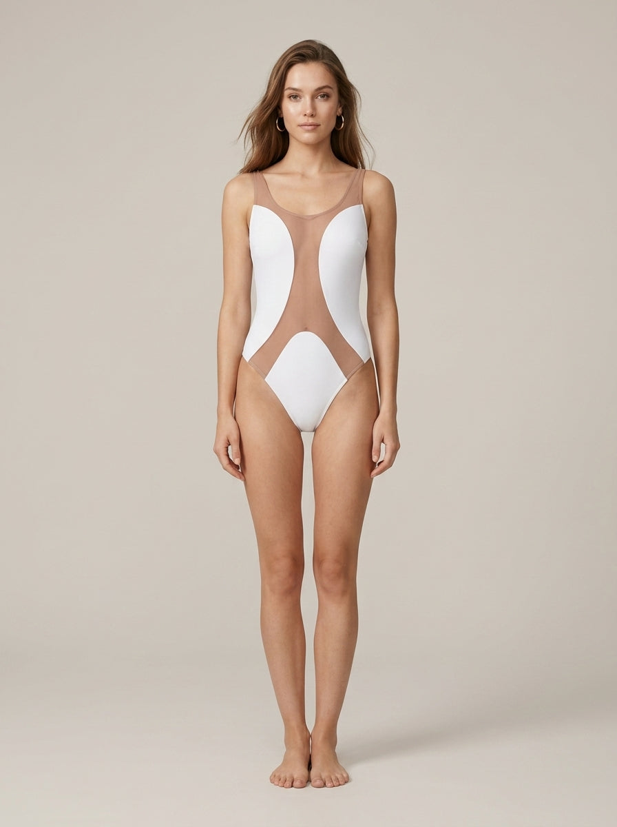 Women's Mesh Splicing One-Piece Swimsuit – Sleeveless Flesh-Toned Cutout with Built-In Chest Pads